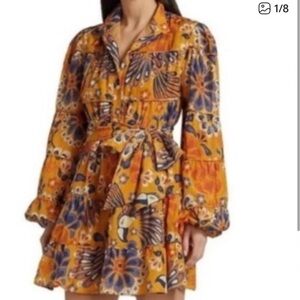 FARM Rio Mustard Floral Tiered Dress with Navy Accents